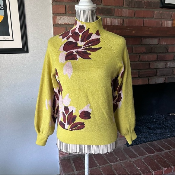 Anthropologie The Beatriz Mock Neck Floral Sweater Chartreuse Yellow Sz XXS - Picture 3 of 8